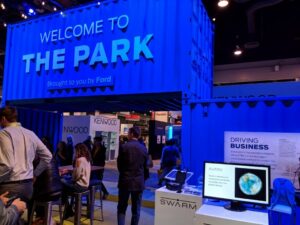 An image of the Ford Booth at CES 2019 showcasing Swarm and Autonomic