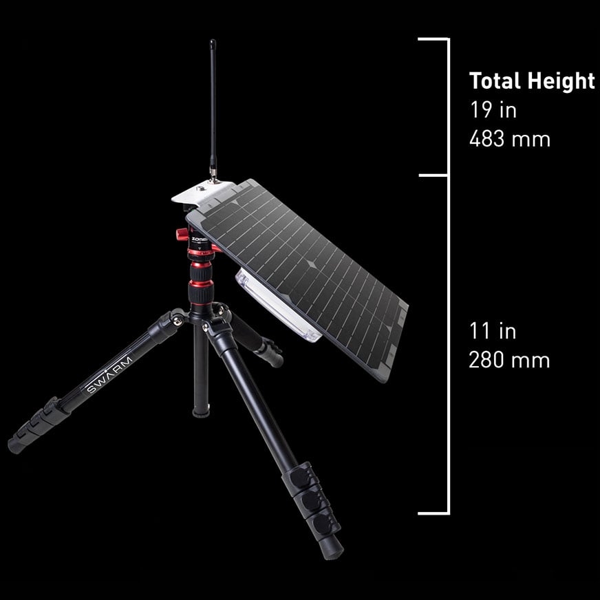 Swarm Eval Kit. Total height: 19 in / 483 mm for the antenna, 11 in / 280 mm for the base