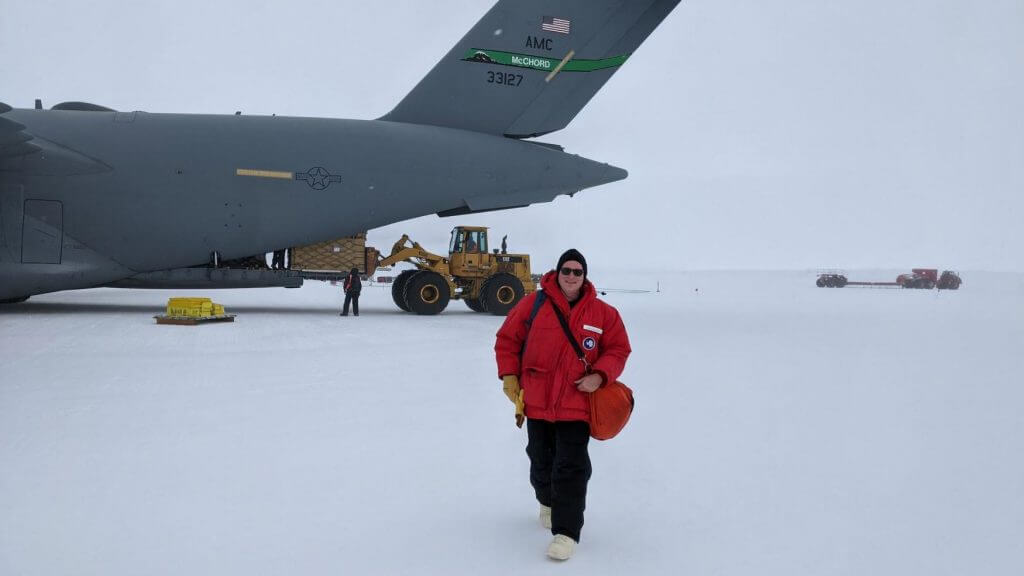 An image of Dr. Longmier in front of the C-17 that brought us to McMurdo Station