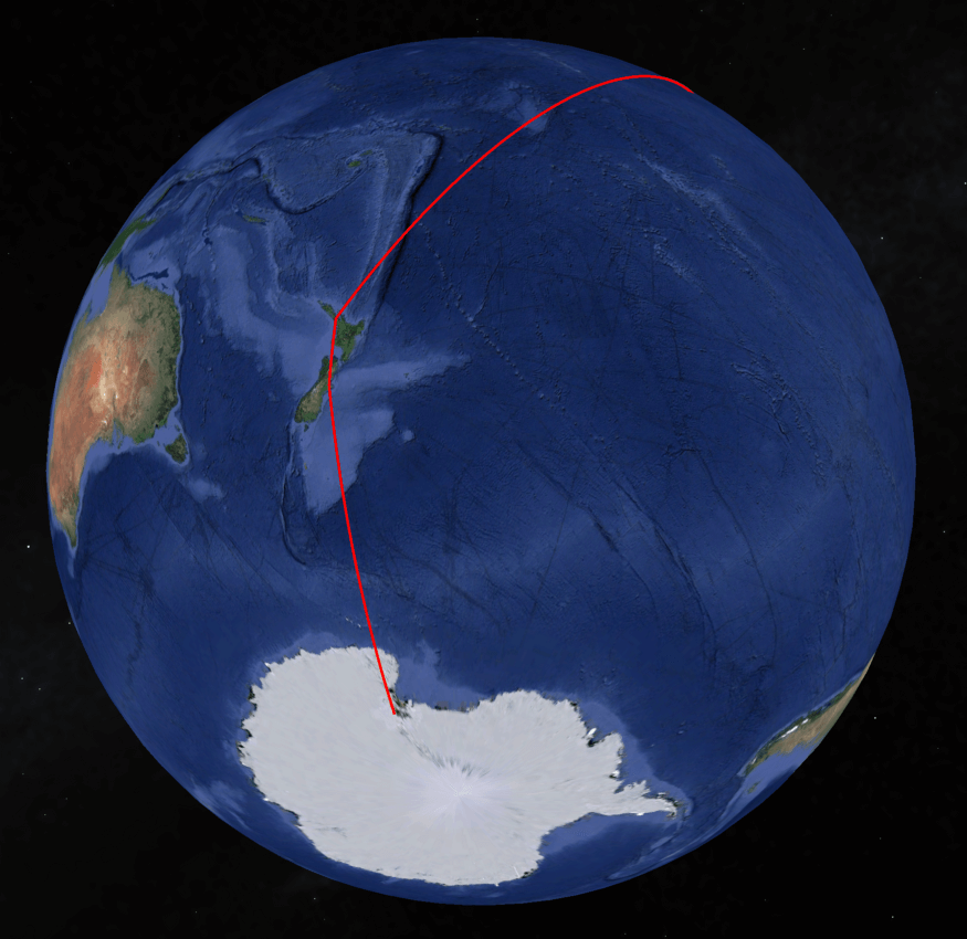 An image showing the flight path from San Francisco to Auckland to Christchurch to McMurdo Station