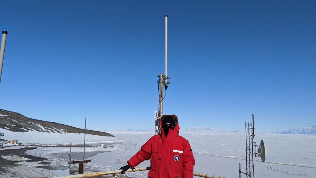 An image of Dr. Ben Longmier, Swarm CTO and co-founder, deploying a Swarm ground station at McMurdo Station in Antarctica.